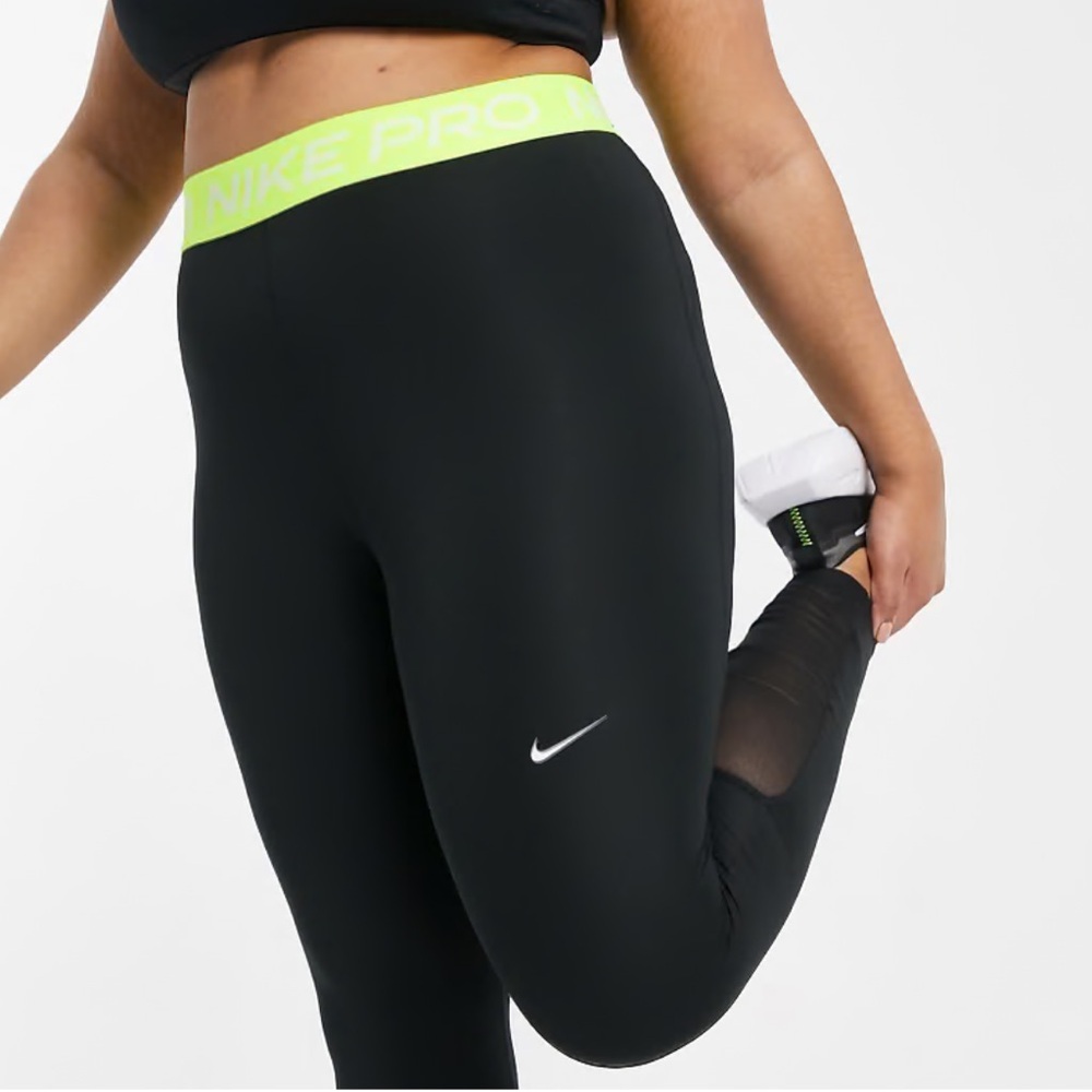 NWT Nike Pro 365 Black Leggings with Neon Greenyellow Waistband - Picture 2 of 6